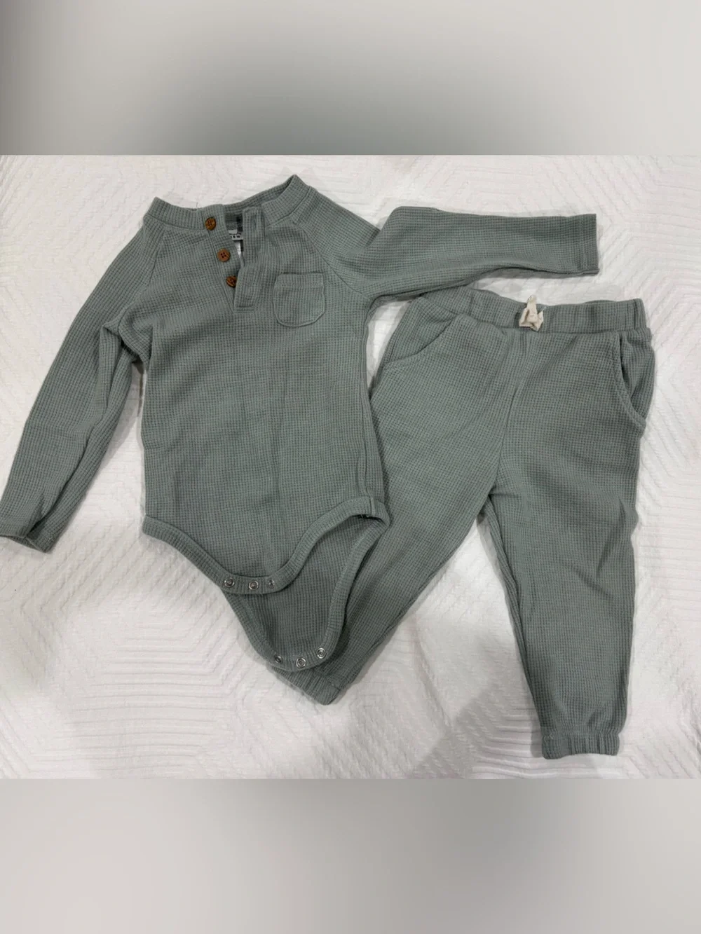 Nicole Miller Sage Green Waffle Knit Bodysuit & Joggers Set